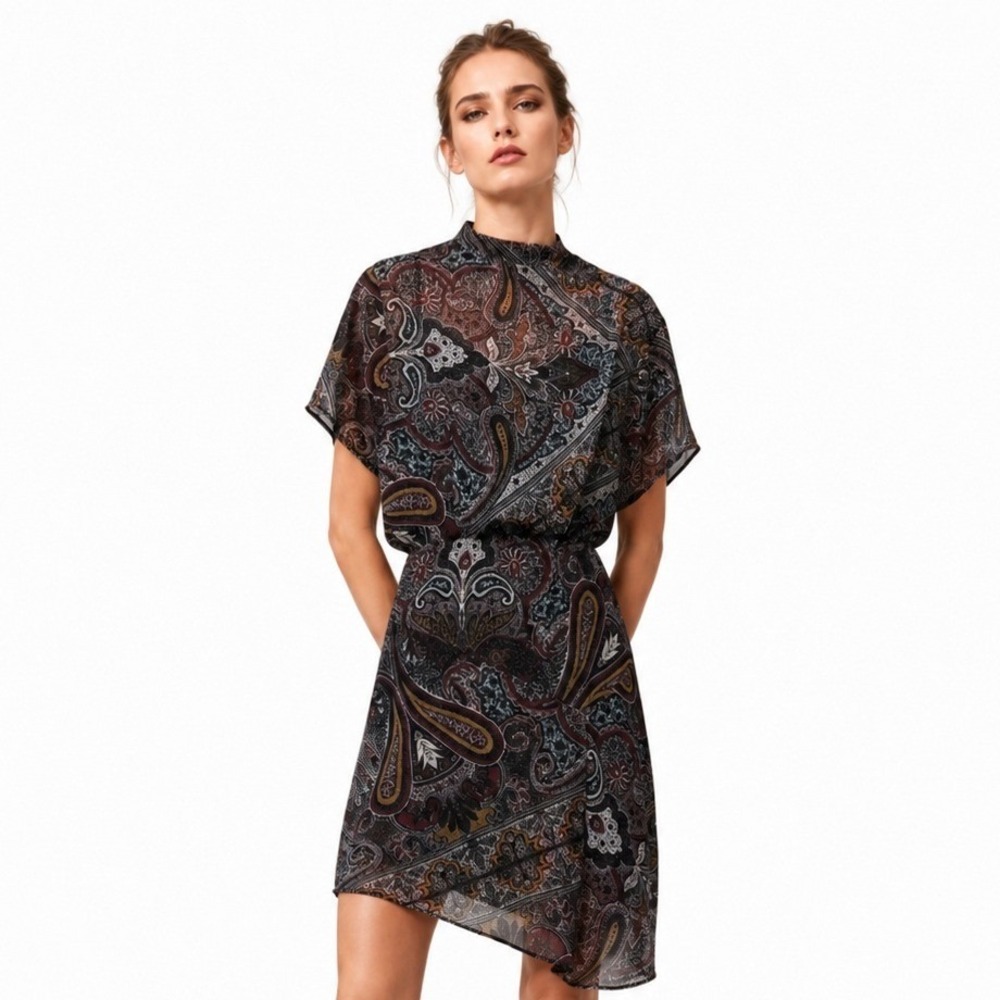 AllSaints Womens Giulia Paisley Scarf Mini Dress Black Burgundy Small